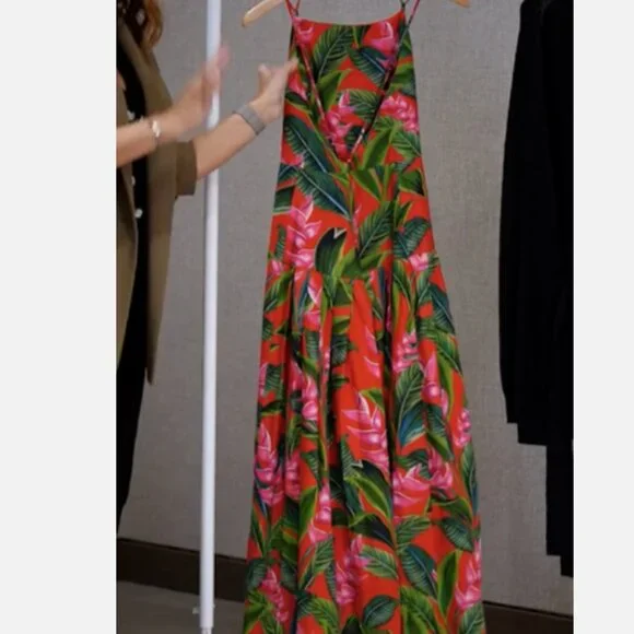 Farm Rio Anthropologie Linen Blend Dream Garden Strappy Midi Maxi Dress L  NWT